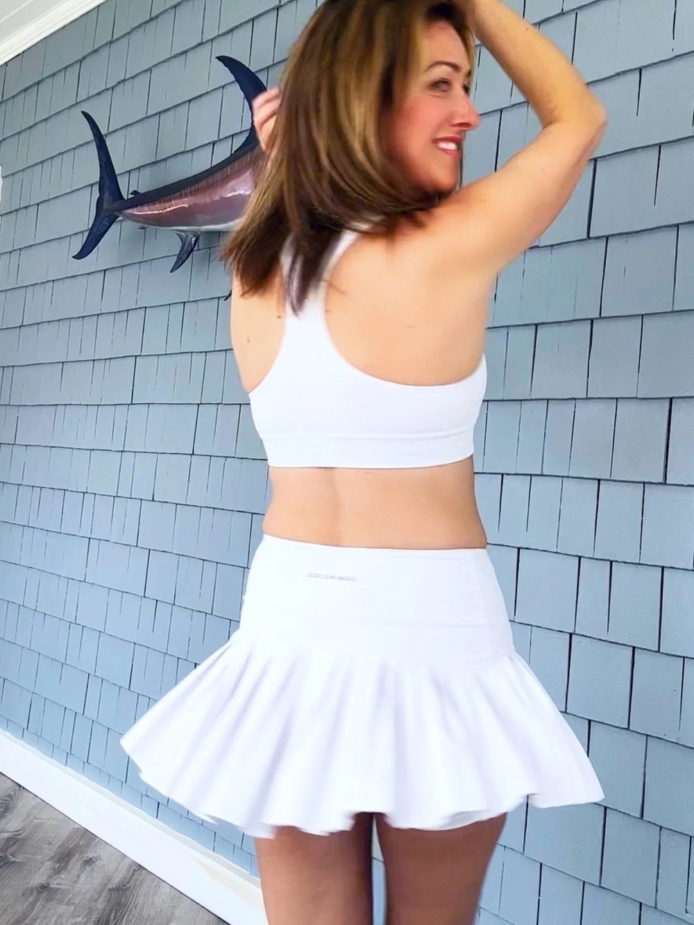 Gold Hinge Pleated White Women’s Skirt - Flared Tennis Skirt with back pocket M